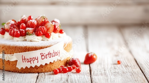 Delicious birthday cake with berries and cream on rustic wooden table
