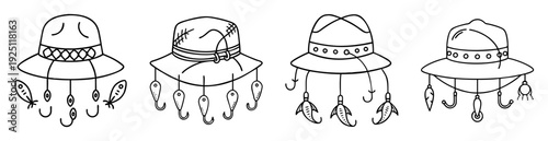 Collection of four hats decorated with fish hooks in a line drawing