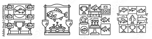 Detailed line art illustration depicting fish and awards in varying styles