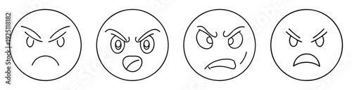 Four Simple Line Art Illustrations of Different Angry Faces, Expressions, and Emotions
