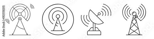 vector drawing of antenna towers transmitting radio waves in black and white