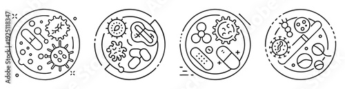Outlined images showcase different bacteria cultures with various pills and antibiotics