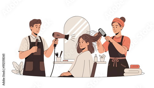 Hairstylist Styling Client Hair with Hair Dryer in Beauty Salon