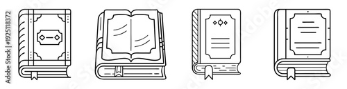 Line art of four antique books with varying cover designs and details