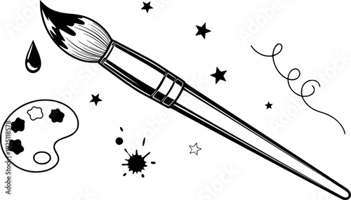 Artistic paint brush for creative drawing studio and hand-made craft hobby – Black and White Vector Illustration