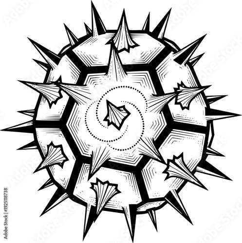 Microscopic virus particle for biological science research and laboratory molecular analysis – Black and White Vector Illustration