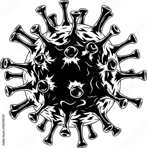 Microscopic virus particle for biological science research and laboratory molecular analysis – Black and White Vector Illustration