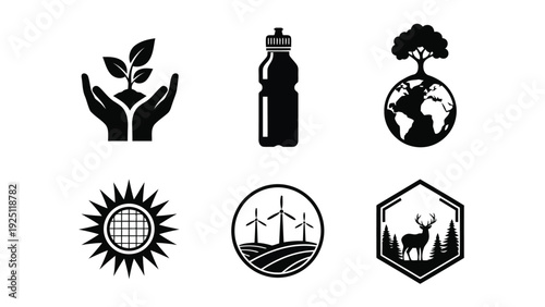 Symbols representing environmental conservation, sustainability, and renewable resources