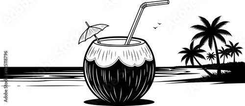 Tropical coconut drink with straw for summer refreshment and healthy hydration – Black and White Vector Illustration