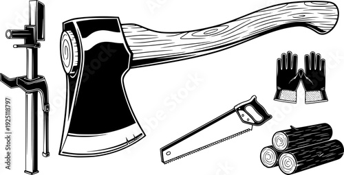 Sharp axe tool for wood chopping and forest work equipment – Black and White Vector Illustration