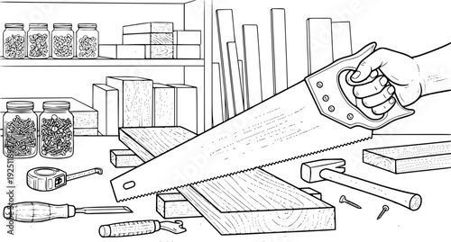 Manual hand saw for wood cutting in carpenter's shop and construction repair – Black and White Vector Illustration