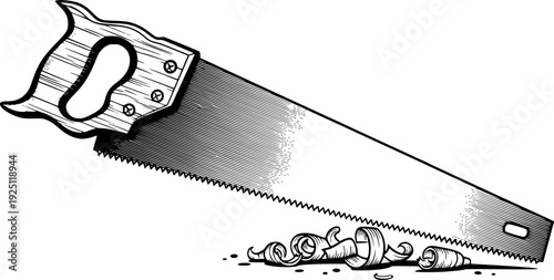 Manual hand saw for wood cutting in carpenter's shop and construction repair – Black and White Vector Illustration