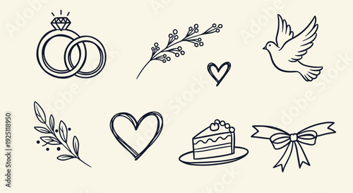 Charming hand-drawn wedding icons including rings a dove a cake and floral elements on a neutral background