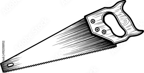Manual hand saw for wood cutting in carpenter's shop and construction repair – Black and White Vector Illustration