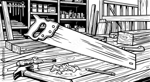 Manual hand saw for wood cutting in carpenter's shop and construction repair – Black and White Vector Illustration