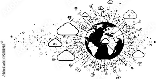 Global cloud network connection for digital technology data storage and communication – Black and White Vector Illustration