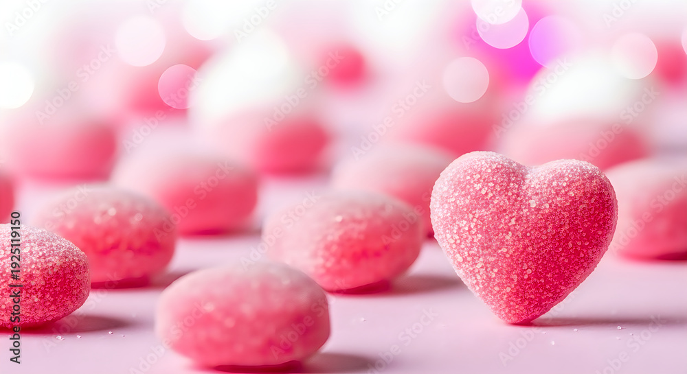 Obraz premium Pink heart shaped candy surrounded by sugar coated sweets on pink background with bokeh