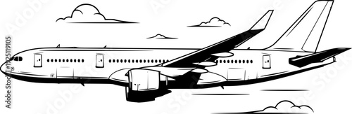 Modern Aeroplan aircraft for global travel journey and aviation transport – Black and White Vector Illustration