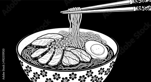 Traditional noodle bowl with chopsticks for Asian meal and tasty cookery dish – Black and White Vector Illustration