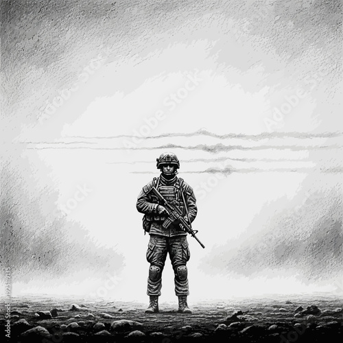 Solemn soldier standing guard in a desolate, textured landscape.