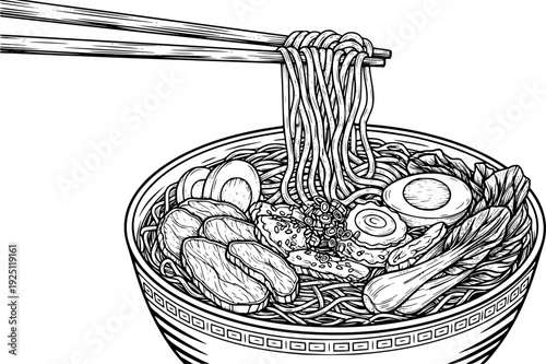 Traditional noodle bowl with chopsticks for Asian meal and tasty cookery dish – Black and White Vector Illustration