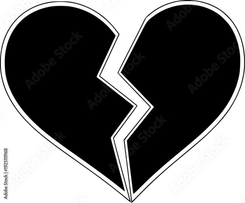 Broken heart symbol for sorrowful love and separation in human relationships – Black and White Vector Illustration