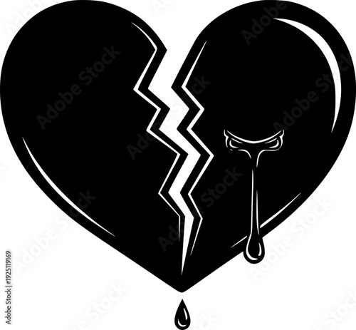 Broken heart symbol for sorrowful love and separation in human relationships – Black and White Vector Illustration