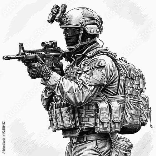 Special forces soldier aiming assault rifle, tactical gear, night vision goggles