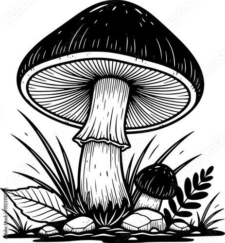 Wild forest mushroom for organic nature growth and healthy food ingredient – Black and White Vector Illustration