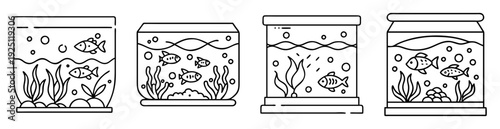 Four stylish fish tanks with fish, plants, bubbles, and unique designs
