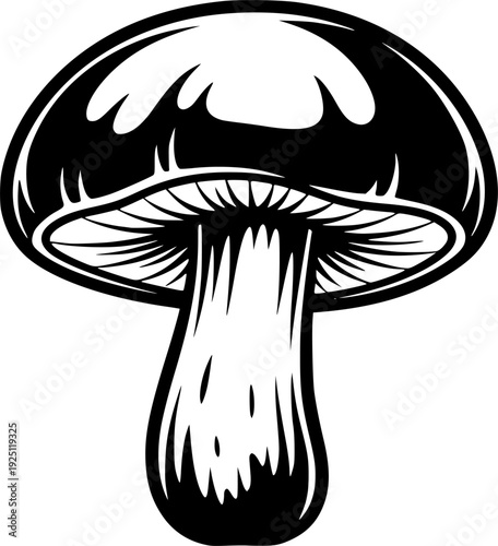 Wild forest mushroom for organic nature growth and healthy food ingredient – Black and White Vector Illustration