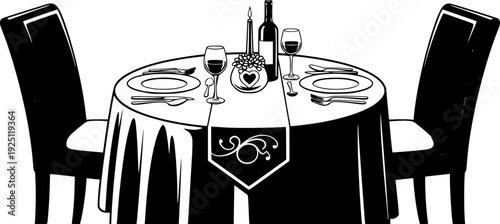 Romantic dinner table for two with heart symbol for couple date and intimate celebration – Black and White Vector Illustration