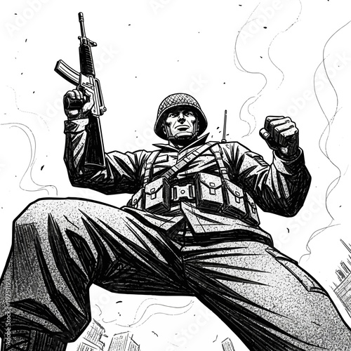 Comic book soldier with rifle raised in victory pose, dramatic low angle