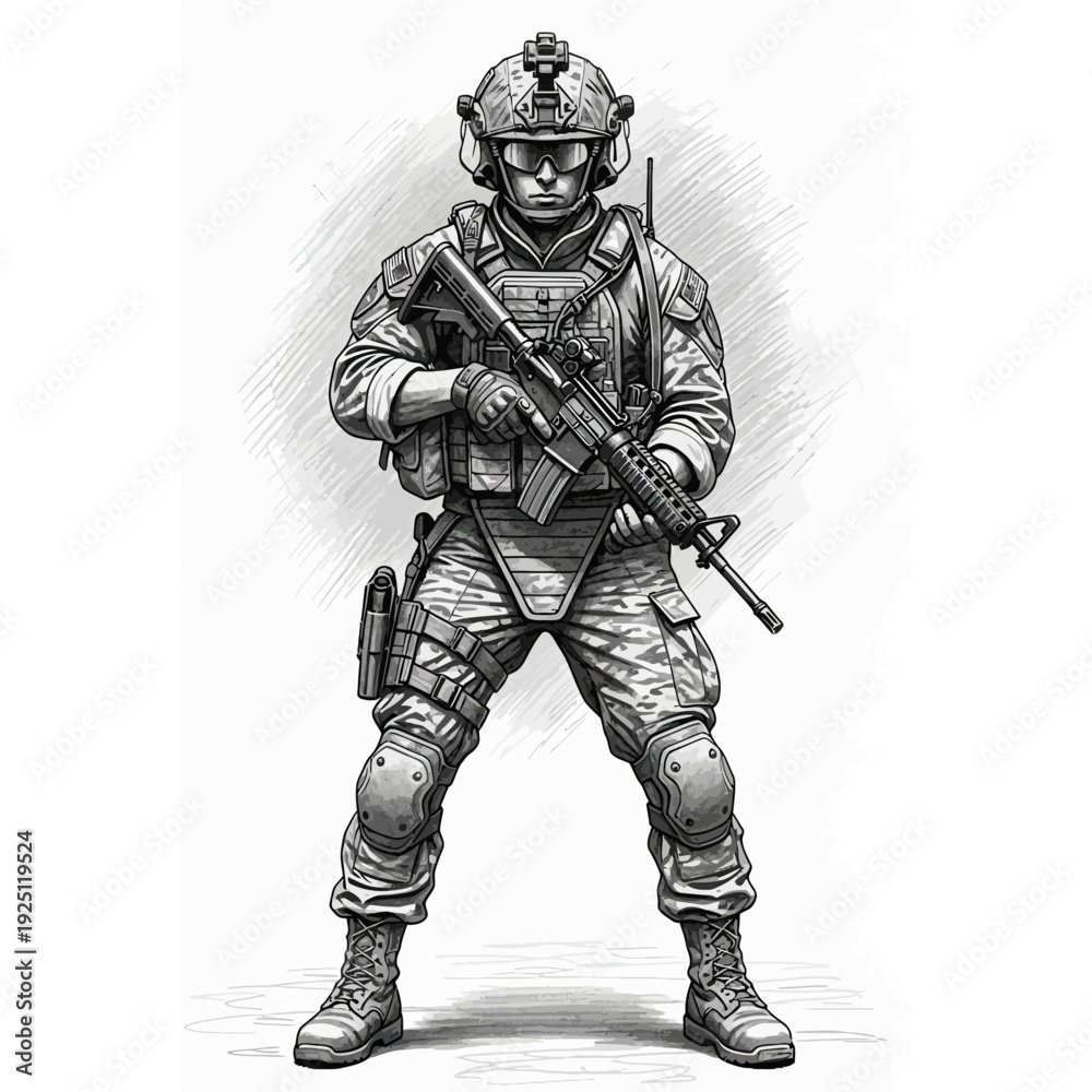 Fototapeta premium Military soldier sketch, holding rifle, tactical gear, white background