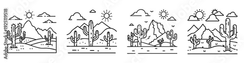 Monochrome line art featuring the desert landscape with cactus and mountains