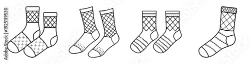 Pairs of patterned socks in black and white outline drawings