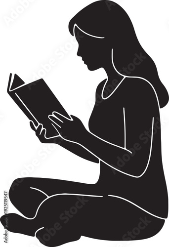 Stylized black and white silhouette illustration of a young woman sitting cross legged and reading a book