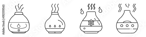 Aromatherapy essential oil diffusers, various stylized designs, in black and white line art