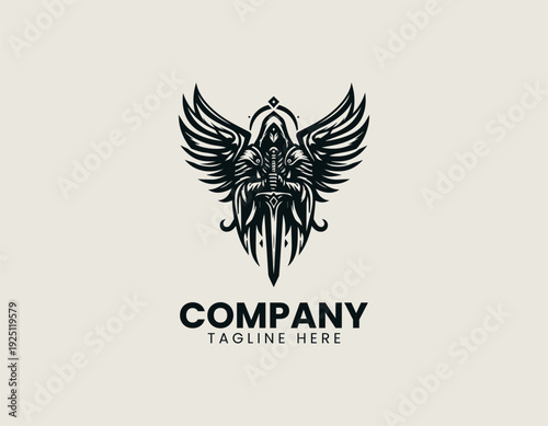 Hooded winged armored warrior with sword is presented as bold monochrome vector logo on clean white background