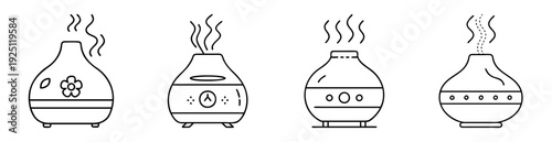 Four essential oil diffusers with different designs in minimalist line art