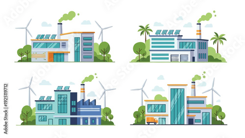 Illustration of urban development stages with green energy integration in city buildings