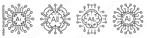 Four distinct conceptual representations of artificial intelligence with unique circuit board designs