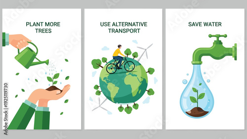 Illustrations depicting sustainable living, renewable energy, and water conservation practices