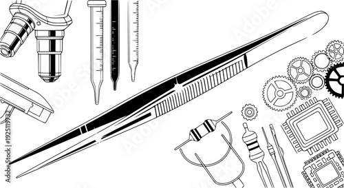 Precision tweezer tool for fine detail repair and laboratory science equipment – Black and White Vector Illustration