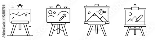 A set of four artist's easels displaying different landscape paintings in black outlines