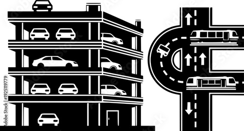 Modern multi-level parking garage for urban vehicle storage and convenient car parking – Black and White Vector Illustration