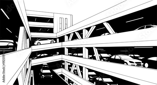 Modern multi-level parking garage for urban vehicle storage and convenient car parking – Black and White Vector Illustration