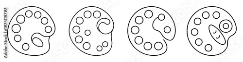 Four artist palettes each containing circular wells in a line drawing