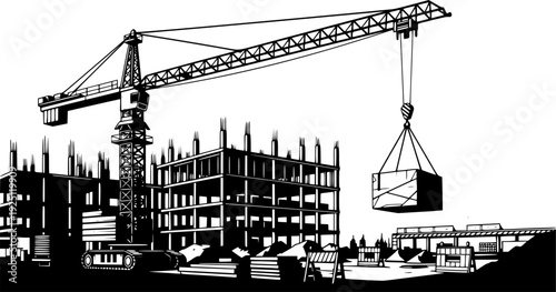 Industrial construction crane lifting load at building site for infrastructure development – Black and White Vector Illustration