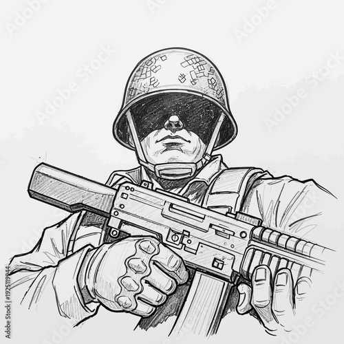 Soldier holding assault rifle, sketch style